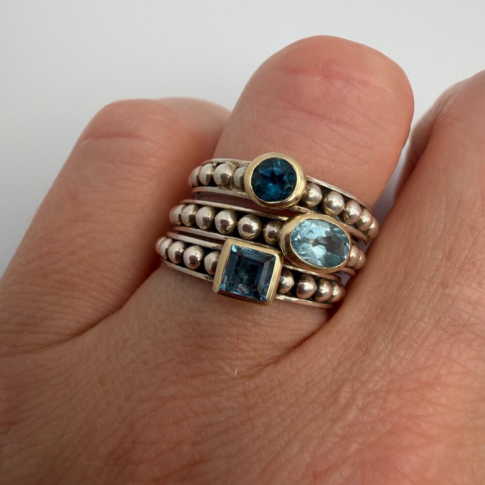 ATR Thailand 925 Sterling Silver 14K Gold Blue Topaz Beaded Stack Rings Size 7